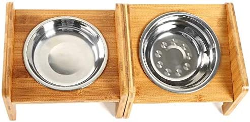 FOREYY Set of 2 Raised Pet Bowls for Cats and Small Dogs - Bamboo Tilted Single Elevated Dog Cat Food and Water Bowls Stand Feeder with 3 Stainless Steel Bowls and Anti Slip Feet for Comfort Feeding