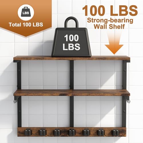 Housolution Wall Mount Broom Holder Hanger Laundry Room Storage Shelves | 2 Tier Large Capacity, Thickened Metal Frame, 100 LBS High Load-Bearing, Multifunctional with 7 Grippers & 8 Hooks