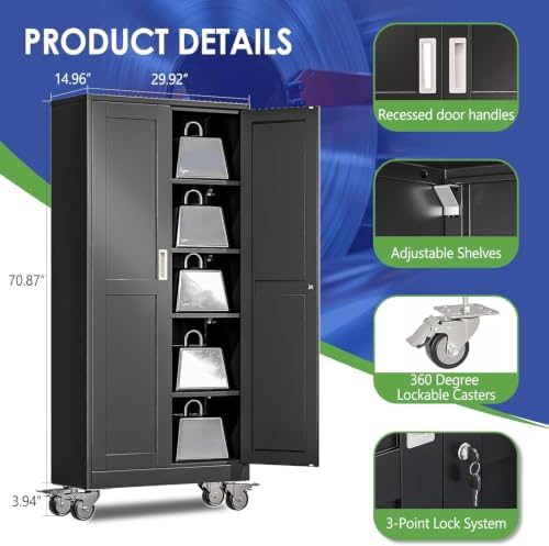 71" Metal Garage Storage Cabinet with Wheels and Locking Doors and Tall Rolling Steel Tool Cabinet with 4 Adjustable Shelves for Garage,Home,Office,Shop (Black, 71''H x 30''W x15''D)