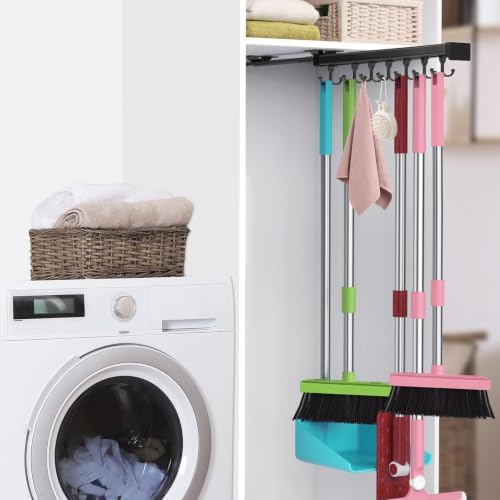 Pull Out Broom Holder With Adjustable Double Row Sliding Hook-Black 16.14IN | Multifunctional Slide Broom And Mop Storage/Organizer Garage Organization Hooks, for Closet Laundry Garage Kitchen