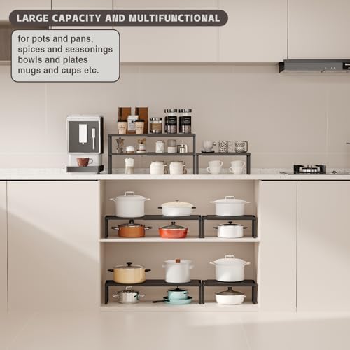 Magheo Expandable Cabinet Shelf Organizer, 1 Pack Stackable Kitchen Counter Shelf Riser, Metal Spice Rack Heavy Duty Countertop Organizer Storage for Kitchen, Pantry, Cupboard, Rv (5.9in Height,Black)