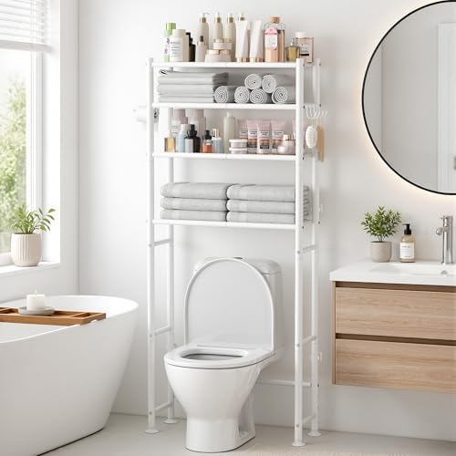 GloTika 4-Tier Over The Toilet Storage Shelves, White | 200lb Total Capacity, Metal Bathroom Organizer with 36" Clearance, Includes Paper Holder & 4 Hooks, Suit for Small Space