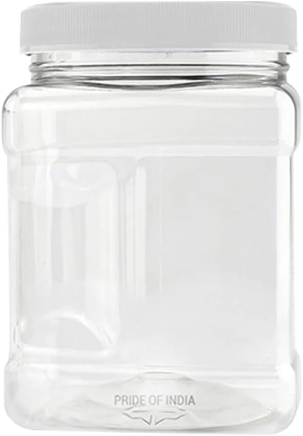 Pride of India Clear Food Grade PET Plastic Jars – 32 Fluid Ounce, 6-Jar Pack | Square-Grip Plastic Containers for Snacks, Pet Food, Kitchen, Pantry & Household Storage (3-4 Cup Storage Capacity)
