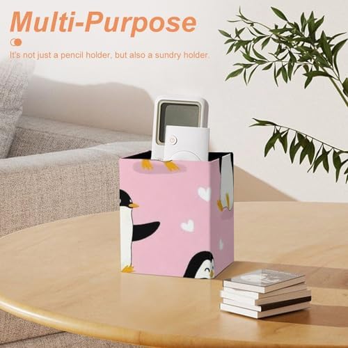 Square Pen Holder Waterproof Multifunctional Desk Organizer For Office Home Cute Cartoon Penguin And Heart Pink