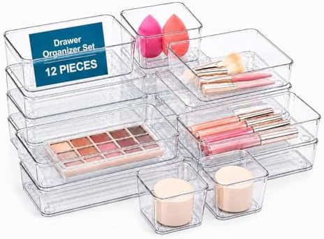 12 Pack Clear Drawer Organizer Set, Multi-Size Plastic Storage Bins for Makeup, Bathroom, Kitchen, Vanity & Office