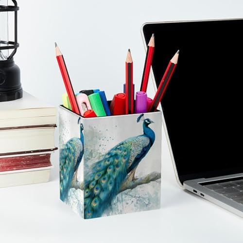 Peacock Pen Holder for Desk Decor, Rectangular PVC Leather Pencil Cup for Desk Pen Organizer, Makeup Brush Holder for School, Home, Office