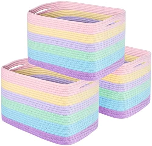 MINTWOOD Design 3-Pack Storage Baskets and Cube Bins for Shelves, Playroom and Classroom, Decorative Woven Closet Organizers for Books, Shoes, and Pantry Items, Pastel Rainbow