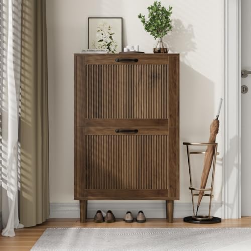Kiasthome 2 Tier Entryway Shoe Storage Cabinet Closed Space Saving Hidden Shoe Organizer with Ribbed Doors Freestanding for Hallway Bedroom Walnut Finish (Walnut, 24.4")