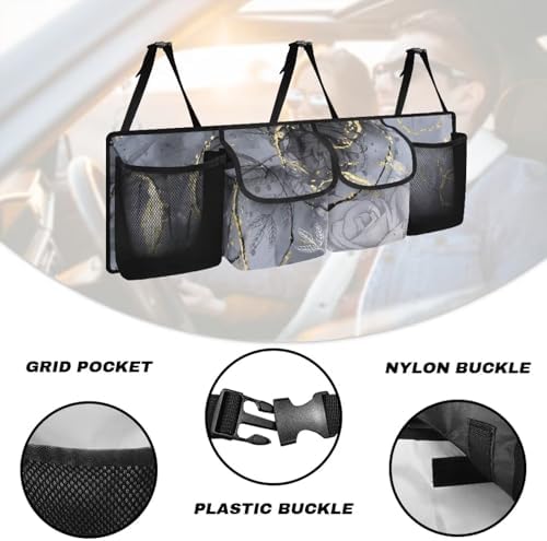 Dreaweet Grey Marble Print Trunk Organizer for Car Collapsible Car Trunk Storage Organizer with 4 Pockets Backseat Hanging Organizer for SUV Truck Minivan Car Storage Accessories Interior