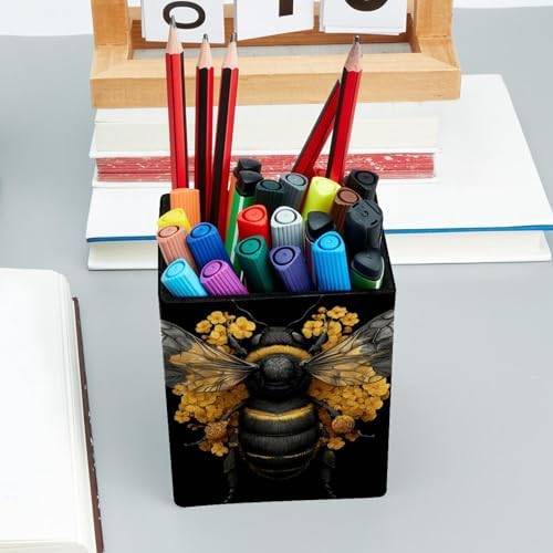 Bee Pen Holder for Desk Decor, Rectangular PVC Leather Pencil Cup for Desk Pen Organizer, Makeup Brush Holder for School, Home, Office