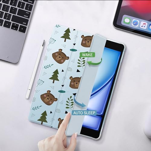 Cute Bear Case for 11" iPad Pro(2024), Clear TPU Smart Stand Back Cover with Pencil Holder, Auto Wake/Sleep Foldable Shockproof Protective Case