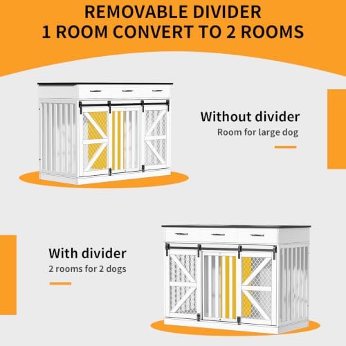 48" Dog Crate Furniture with Storage, Heavy Duty Dog Kennel Indoor with Divider for Small, Medium and Large Dogs, Large Dog Cage with Sliding Barn Door, Decorate House as TV Stand, End Table