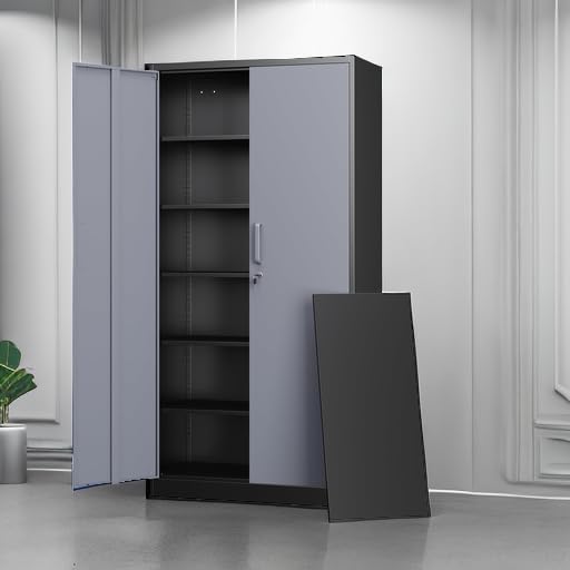 Metal Storage Cabinets with Lock Door and 5 Adjustable Shelves, Steel Garage Tool Organization Cabinets for Home,Utility Room, Warehouse,Lockers(71"-Black Gray)