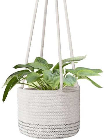 Flexzion Woven Hanging Planter Basket for Indoor Plants, 8 Inch, White | Plant Holder Fits Pots Up to 7 Inches; 20-Inch Hanging Rope Adds Boho Style While Saving Floor and Shelf Space