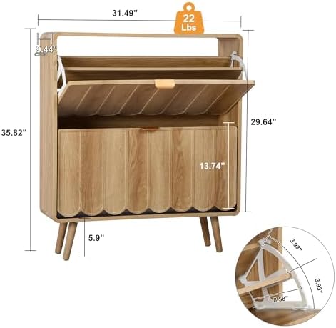 Shoe Storage Cabinet for Entryway with 2 Flip Drawers, Freestanding Narrow Wood Shoe Cabinet with Wave Panel, Hidden Shoe Organizer for Foyer, Hallway (Natural)