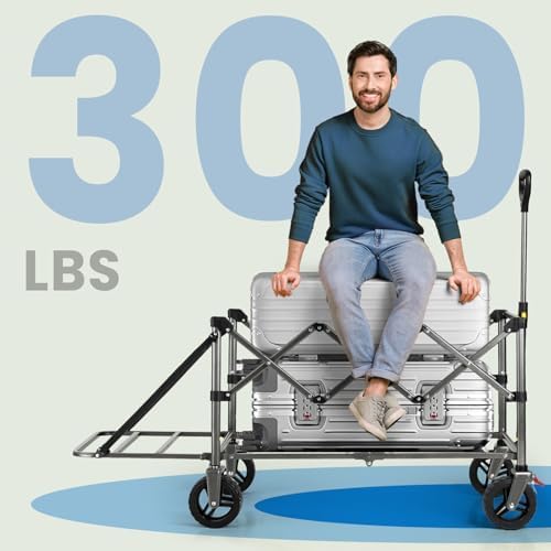 Overmont Folding Wagon with Tailgate, 300 lb Heavy Duty Collapsible Cart | 200L Large Capacity, All-Terrain Swivel Wheels with Dual Brakes, 49.2 in Extended Bed for Camping, Beach, Sports & Garden