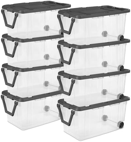 Sterilite 8-Pack Modular Stacker Box, Durable Clear Plastic Storage Bins with Latching Lids, 40 Quart - Stackable Organizing Container Boxes for Closet, Bathroom, and Office