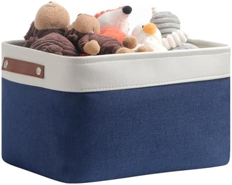 DULLEMELO Fabric Storage Basket for Closets,15x11x9.5 inch Foldable Storage Basket Bin with Handles for Office, Closet,Bedroom (White&Blue,1 Pack)