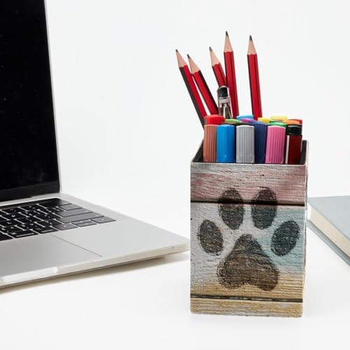 Pet Paws Pen Holder for Desk Decor, Rectangular PVC Leather Pencil Cup for Desk Pen Organizer, Makeup Brush Holder for School, Home, Office