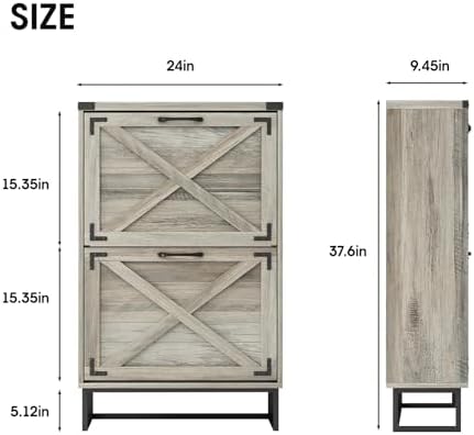 Maupvit 24" W Farmhouse Shoe Cabinet Storage for Entryway, Freestanding Organizer with 2 Flip Drawers, Narrow Shoe Rack Cabinet with Metal Corner Decoration, Washed Gray
