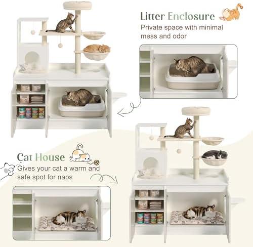 50.6 Inch Cat Tree with Litter Box Enclosure and Storage, White | Hidden Litter Box Cabinet with Multi-Level Platforms, Dual Hammocks, Sisal Scratching Posts, Condo and Top Perch for Play