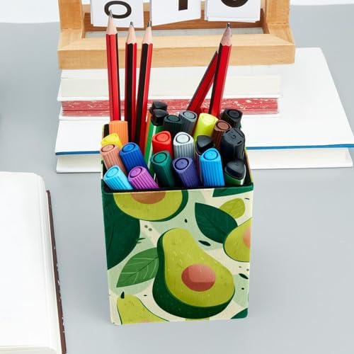 Cute Green Fruit Pen Holder for Desk Decor, Rectangular PVC Leather Pencil Cup for Desk Pen Organizer, Makeup Brush Holder for School, Home, Office