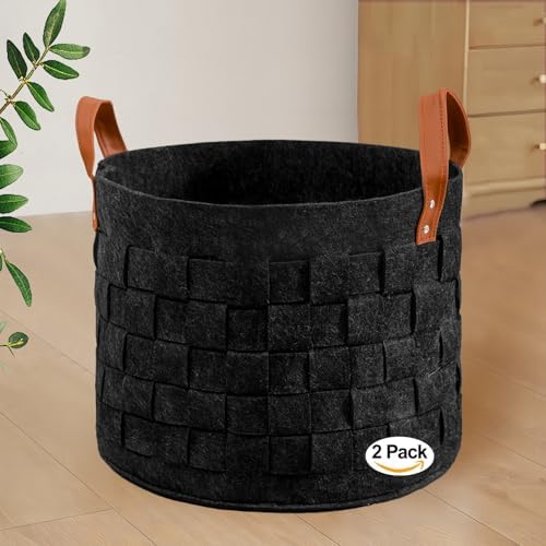 BOLDMONKEY Laundry Basket 15" x15 " x13 " 2 Pack, Round Blanket Basket with Leather Handle, Felt Storage Basket for Living Room, Nursery, Dog Toys-Dark Gray
