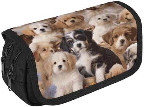 Cute Pet Dogs Pencil Case Double Layer Pencil Pouch Large Capacity Pencil Bag Double Zipper Portable Pen Case Makeup Bag for Men Women Travel Business Office