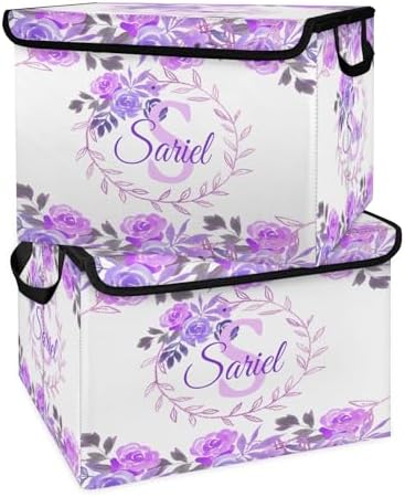 Purple Storage Bin with Lid Personalized Storage Baskets for Organizing Foldable Closet Organizers with Handles,Cute Basket for Boys Girls for Clothes Blanket Pet Dog Toy Basket Storage (2 Pack)