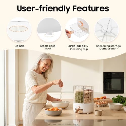360° Rotating 6 Grid Rice & Cereal Dispenser, Dry Grain Storage Organizer | Rice Storage Container with Independent Drawer and Lid, Dry Food Dispenser for Store Rice&Various Beans, 14.33lbs Capacity