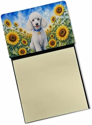 Caroline's Treasures White Poodle in Sunflowers Watercolor Sticky Note Holder Refillable Dispenser Desk Accessory 3x3 Pad Gift