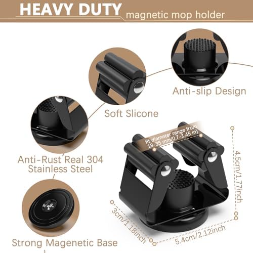 3-H 4 Pack Magnetic Broom Holder with 4 Pack Mini Magnetic Hooks,Black | Stainless Steel No Drill Mop Holder, Movable Magnet Tool Organizer for Garage Laundry Kitchen Garden RV