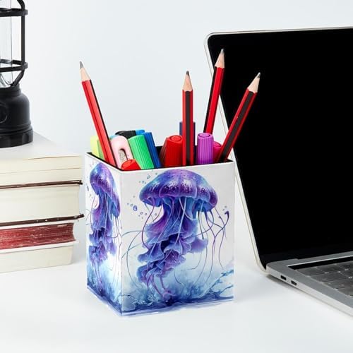 Jellyfish Pen Holder for Desk Decor, Rectangular PVC Leather Pencil Cup for Desk Pen Organizer, Makeup Brush Holder for School, Home, Office