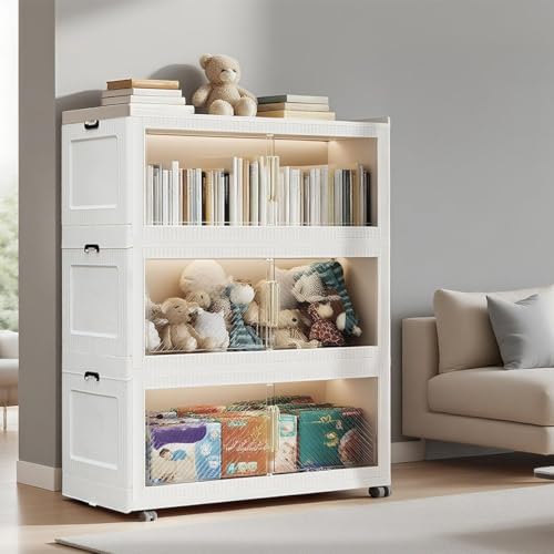 Stackable Storage Bins with Lid,147Gal Closet Organizers and Plastic Cabinets Shelves, Collapsible Drawers with PET Clear Doors, Foldable Boxes with Wheels for Home Office, 3Pack (590QT)