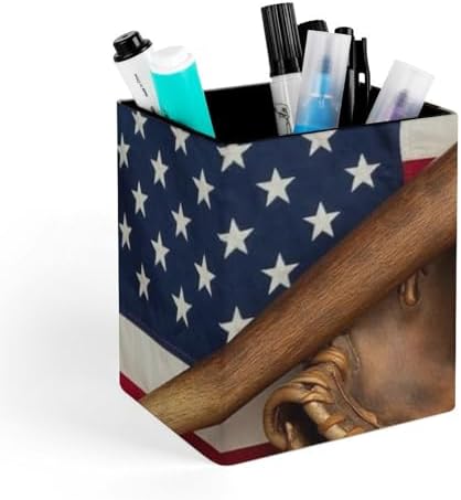Square Pen Holder Waterproof Multifunctional Desk Organizer For Office Home Vintage Ball Baseball American Flag