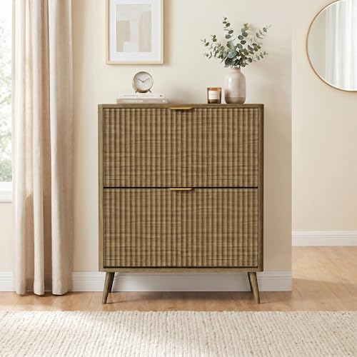 KIGOTY Narrow Shoe Storage Cabinet, Shoe Cabinet with 2 Flip Drawers, Freestanding Shoe Organizer with Legs for Entryway, Slim Shoe Rack Cabinet for Enterway (Light Brown, 2 Flip Drawer)