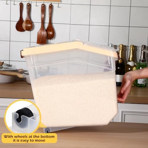 Sunnyray 4 Pcs Rice Storage Containers Bulk Flour Sugar Container Wheels Measuring Cups Set Airtight Pet Dog Cat Birds Food Bin Grain Cereal Organizer Box for Dry Baking (Beige,38 lb)