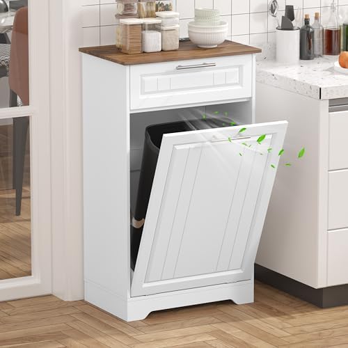 Single 10 Gallon Tilt Out Trash Can Cabinet with Deodorizing Function, Wooden Hidden Garbage Can Holder with Storage Drawers for Kitchen and Dining Room, Laundry Hamper Cabinet for Bathroom, White