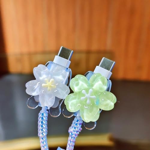 Cute Flower Cable Protector for iPhone iPad 18W/20W Charger Cover,Elegant 3D Floral Charger Cord Protector,Data Line Wire Saver,DIY Charging Cord Protector for iPhone 12 13 14 15 16 Plus Pro Max-Green