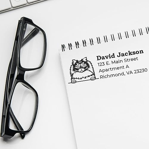 Peeking British Longhair Cat Wood Handle Address Stamp - Clear Imprint | Any standard pad works. Personalized Address Stamp for Housewarming Gifts. British Longhair Cat Address Ink Stamp. 4 lines.