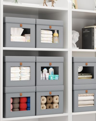 Homsorout Storage Bins with Lid – Closet Organizer with Side Opening and Clear Window, Foldable Stackable Fabric Basket for Clothes, Home, Office - 13.77" x 11.8" x 9.8", 4 Pack, Grey
