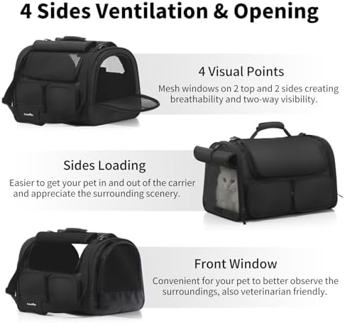 FUKUMARU Cat Carrier, Airline Approved Dog Carrier with Rollable Cover | Breathable Soft Cat Carrier, Multiple Doors & Storage Pockets Cat Travel Bag, Durable Pet Carrier for Cat Under 15 lb, Black