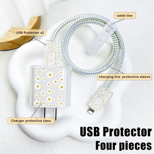 Cute DIY Cable Protector for iPhone Adapter Charger Pretty White Daisy Flowers Design, Soft TPU Clear Cord Wire Saver Data Line Cable Case Charger Protector for iPhone 11 12 13 14 15 Pro Max Plus