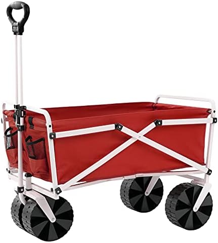 YSC Folding Beach Wagon – Collapsible Cart with Wheels – Utility Shopping Basket – Everyday Carrying Wagon – Large Outdoor Cart – Heavy-Duty Beach Utility Caddy (Red)