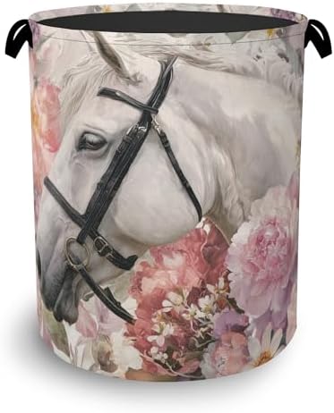 Horse Laundry Hamper,Pink Flowers Dirty Clothes Laundry Basket with Handles Waterproof Oxford Cloth Storage Basket for College Dorms Bathroom Bedroom 16" x 20.8"