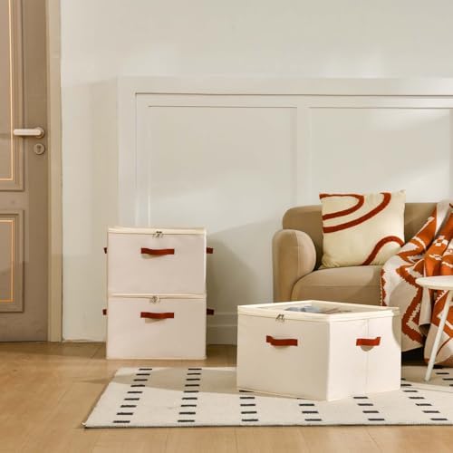 INSTY 2 Pack Shoe Organizer for Closet, Fits up to 32 Pairs, Adjustable Dividers for Shoe Storage, Fabric Shoe Storage Bins with Clear Cover, Beige