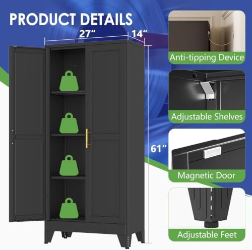 61" Metal Garage Storage Cabinet with 2 Doors and 3 Adjustable Shelves,Metal Storage Cabinets,Steel Tool Cabinets for Home,Office,Garage,Warehouse (Black, 61''H x 27''W x 14''D)