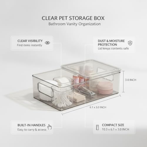 Clear PET Storage Box with Handle & Lid, 10.3 x 6.1 x 3.0 Inch Transparent Organizer for Bathroom Vanity, Desktop, or Shelf (1 Pack)