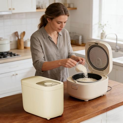 Airtight Rice Storage Container, Dry Food Dispenser with Transparent Sealed Lid for Kitchen Pantry Organization for Storing Rice, Cereal, Flour, Pet Food and Other Dry Ingredients (Beige, L)