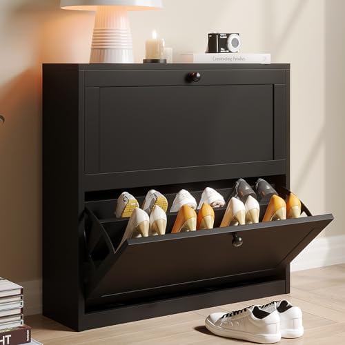 VOWNER Shoe Cabinet with 2 Flip Drawers, Freestanding Shoe Storage Cabinet with Adjustable Shelf & Anti-Tipping Device, Shoe Rack for Entryway, Hallway, Living Room (Black)